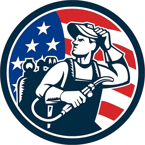 Illustration of a welder rod-holder with cable and electrode for electric arc welding and welder visor mask looking to the side with usa american stars and stripes flag in the background set inside circle done in retro style.
