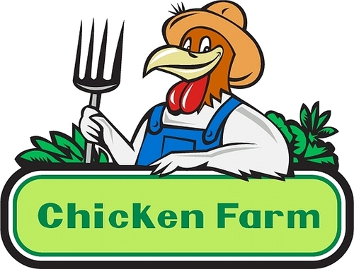 Illustration of a chicken farmer wearing overalls and hat holding pitchfork with vegetables in the background and the words text Chicken Farm viewed from front done in cartoon style.