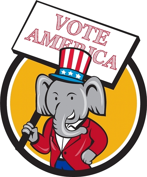 Illustration of an American Republican GOP elephant mascot wearing suit and stars and stripes hat holding placard sign with the words Vote America set inside circle done in cartoon style.