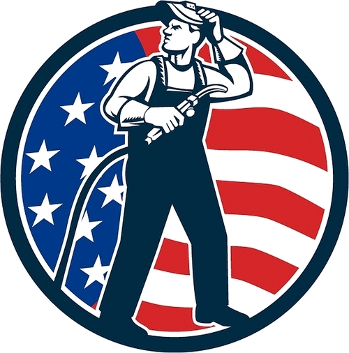 Illustration of welder worker standing with visor up looking to the side holding welding torch with tank viewed from front set inside circle with usa american stars and stripes flag in the background done in retro style.