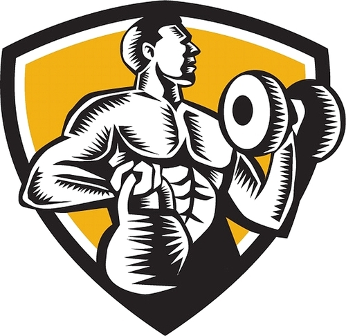 Illustration of an athlete weightlifter lifting kettlebell with one hand and pumping dumbbell on the other hand facing side set inside shield crest on isolated background done in retro woodcut style.