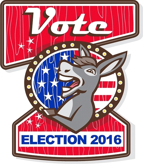Illustration of a democrat donkey mascot of the democratic grand old party gop smiling looking to the side set inside oval shape with american stars and stripes flag in the background and the words Vote Election 2016.