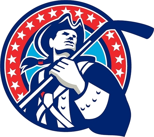Illustration of an american patriot holding ice hockey stick looking to the side viewed from front set inside circle with stars in the background done in retro style.