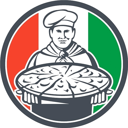 Illustration of an italian chef, cook baker serving pizza platter facing front set inside circle with italy flag in the background done in retro style.