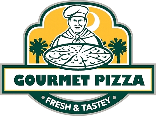Illustration of a chef with pizza set inside shield and banner with the words text Gourmet Pizza Fresh & Tastey and palmetto trees in the background done in retro style.