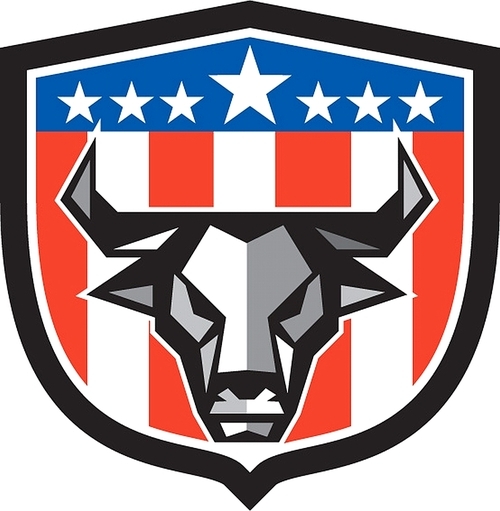 Low polygon style illustration of a bull cow head facing front set inside shield crest with usa american stars and stripes flag in the background.