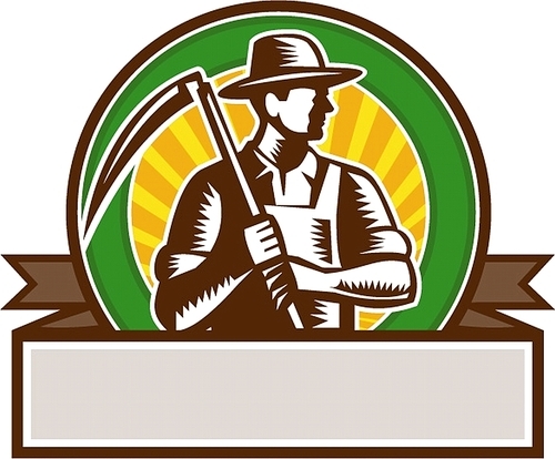 Illustration of an organic farmer farm worker wearing hat holding scythe looking to the side set inside circle and banner with sunburst in the background done in retro woodcut style.