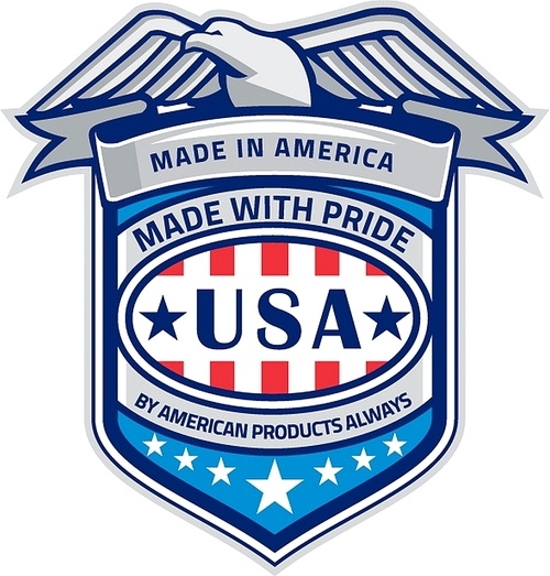 illustration of a made in america patriotic shield with eagle on top and the words text made with , by american products always, usa with stars and stripes done in retro style.
