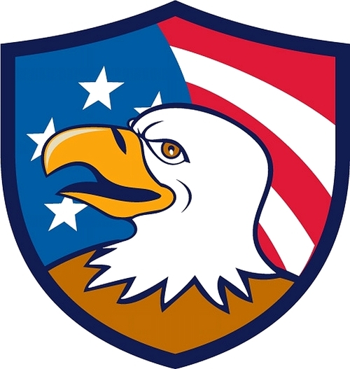 Illustration of an american bald eagle head smiling viewed from the side with usa american stars and stripes flag in the background set inside shield crest done in cartoon style.