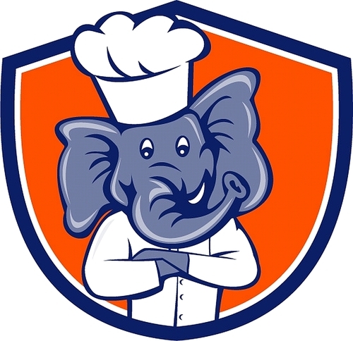 Illustration of a chef elephant wearing chef's hat with arms crossed viewed from front set inside shield crest on isolated background done in cartoon style.