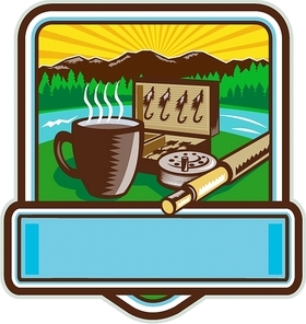 Illustration of a mug, fly tackle bait box, fly rod and reel set inside crest shield with mountain river trees and sunburst in the background done in retro woodcut style.