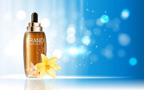 Design Cosmetics Product  with Flowers Golden Liy Template for Ads or Magazine Background. 3D Realistic Vector Iillustration. EPS10