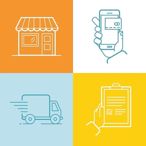 Vector set of linear flat icons and infographics design elements - internet shopping process - shop building with awning, online mobile payment, delivery truck and receiving order