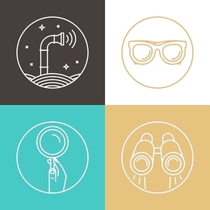 Vector abstract illustration in flat style - periscope, binoculars, glasses, magnifier - surveillance and control concept - social network broadcasting