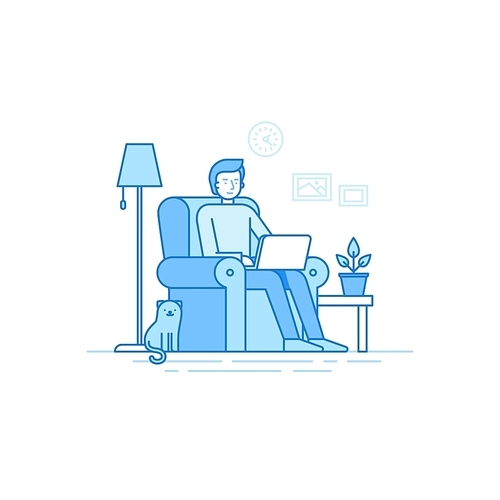 Vector illustration in trendy flat linear style - man character working at the laptop sitting in the armchair with cat - home office and remote creative team member - outsource and freelance work concept