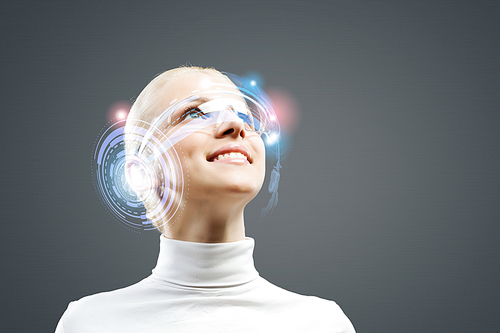 Young woman in white with hologram round head