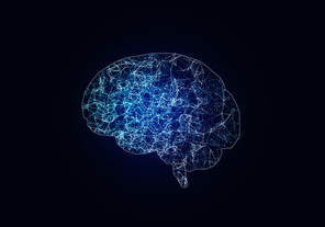 Digital blue grid brain on dark background