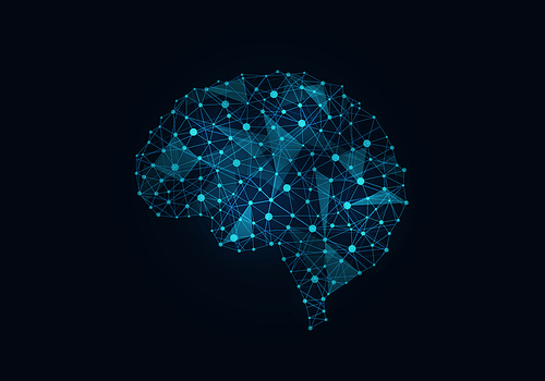 Digital blue grid brain on dark background