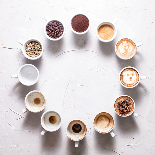 Twelve white cups of different stages of preparing cappuccino. Coffee lover concept clock