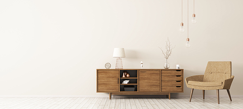 Modern interior of living room with brown wooden cabinet and armchair panorama 3d rendering