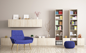 Modern living room interior with armchair and wooden bookshelves 3d rendering