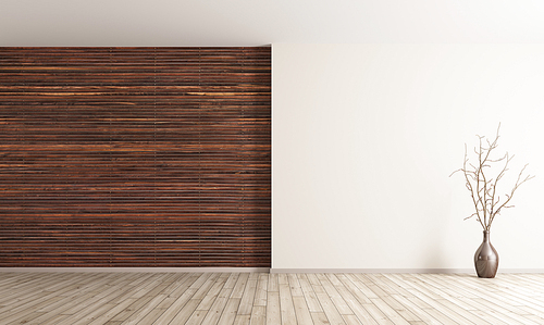 Empty interior background, room with brown wood paneling wall and vase with branch 3d rendering