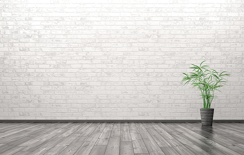 Empty interior of living room with plant over brick wall background 3d rendering