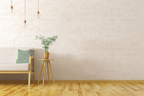 Interior of living room with plant on the wooden table and  grey sofa over brick wall, scandinavian style, 3d rendering