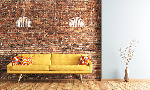 Modern interior of living room with yellow sofa and lamps over brick wall 3d rendering