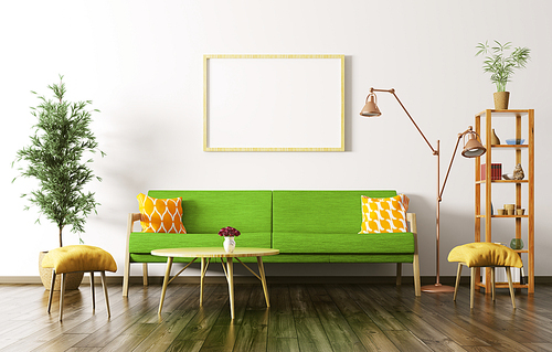 Modern interior of living room with green sofa, coffee table, plant and shelf 3d rendering