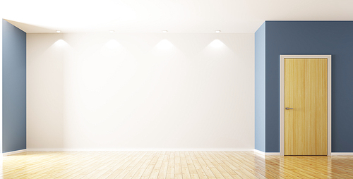 Empty interior background of living room with wooden door 3d rendering