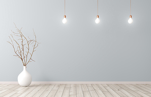 Empty room interior background, white vase with branch on the wooden floor and light bulbs ober blue wall 3d rendering