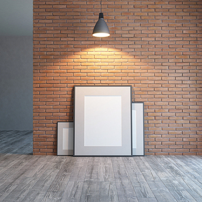 blank picture on the brick wall, 3d rendering