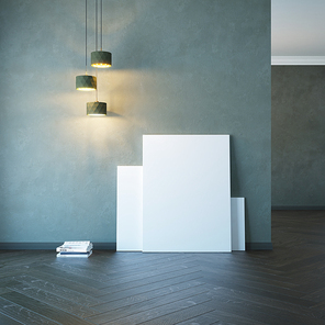 empty room with light and blank pictures, 3d rendering