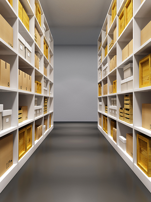 warehouse interior with rows of shelves with boxes