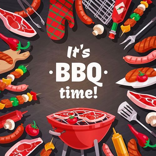 barbecue grill composition with brazier meat and  skewers pot holder and flatware images with text vector illustration