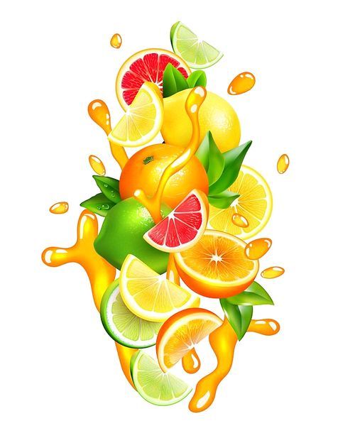 Fresh citrus fruits wedges slices and segment with orange juice splashes around colorful realistic composition vector illustration
