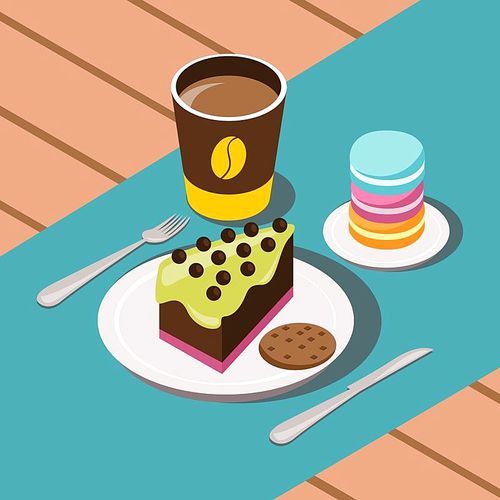 Sweet breakfast cartoon composition with coffee cakes and cookies vector illustration
