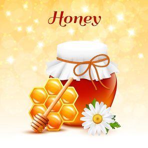 Honey color concept with little homemade glass jar of honey and accessories for eat it vector illustration