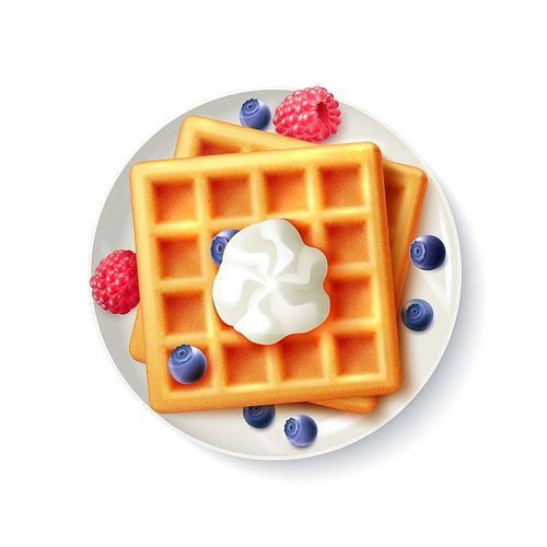 Breakfast menu item sweet belgian waffles with blueberry raspberry and cream realistic top view  plate image vector illustration