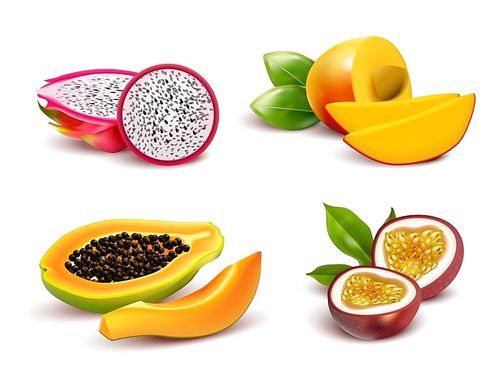 Realistic tropical fruits isolated images set with dragon fruit passionfruit papaya and mango cut in slices vector illustration