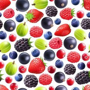 Realistic berries seamless pattern with black currant gooseberry raspberry strawberry blackberry blueberry on white background vector illustration
