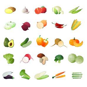 Vegetables polygonal set of isolated colorful polyangular green grocery images of ripe fruit and its slice vector illustration