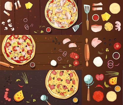 Set of banners with pizza cooking tools vegetables cheese and meat on wood background isolated vector illustration