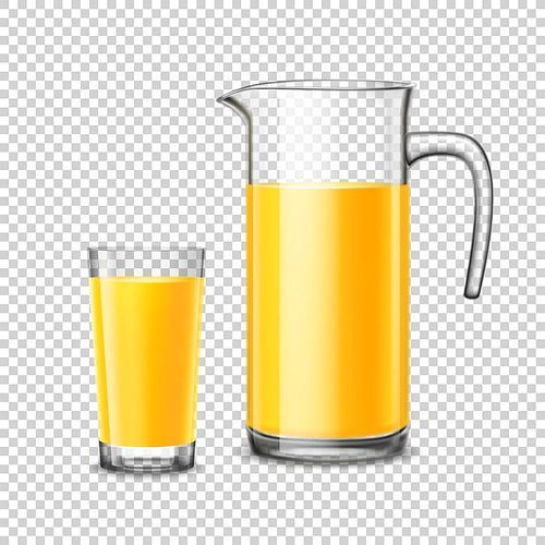 Glass and pitcher with orange juice design concept in realistic style on transparent  background vector illustration
