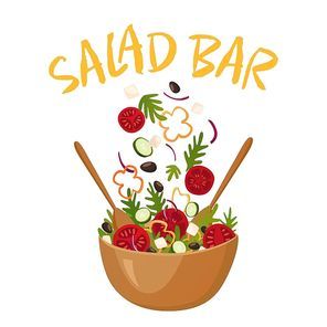 Salad bar composition with wood pot of greek salad for vegetarian menu and health food advertising flat vector illustration