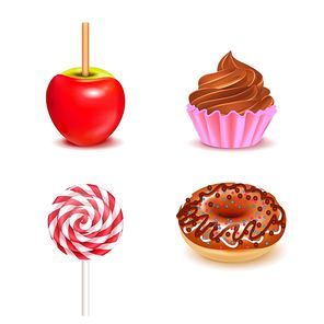 Fair sweets realistic set with toffee apple and lollipop donut cupcake on white background isolated vector illustration