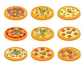 Pizza icons set with fruit vegetables meat and fish flat isolated vector illustration