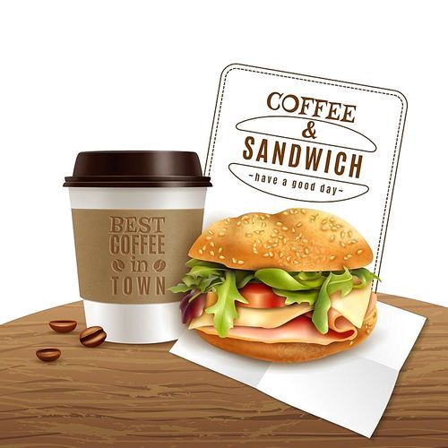 Fast food lunch breakfast menu realistic advertisement poster with takeaway coffee and delicious ham cheese sandwich vector illustration