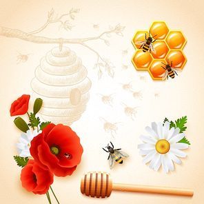 Colored honey composition with red flowers beehive honeycomb and flying bees on light background vector illustration